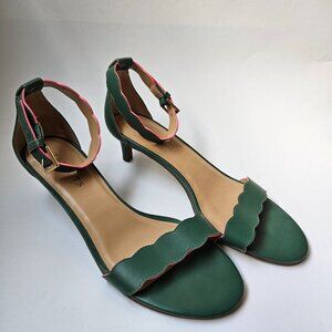 Talbots Pila Strappy Kitten Heel Sandal Women's Size 7.5 Scalloped Green Leather
